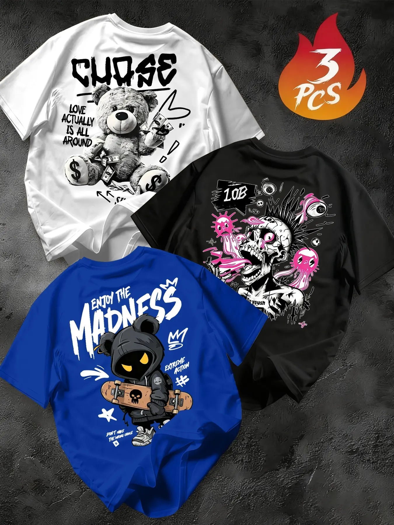 Men's 3-Pack Graffiti Round Neck Short Sleeve T-Shirts, Unique Cool Prints, Loose Fit, Casual Street Style, Daily Wear, Streetwear