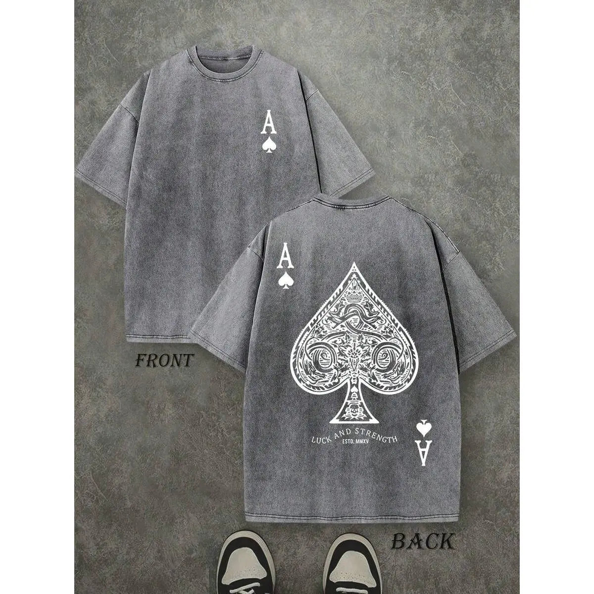 Retro Washed T-Shirt Double Sided Printed (230 Pure Cotton T-Shirt) 'LUCK AND STRENGTH'  Letter And Ace Of Spades Pattern Print, Men's T-Shirt, Men's Casual, Comfortable, Fashionable T-Shirt, Street Style Cotton