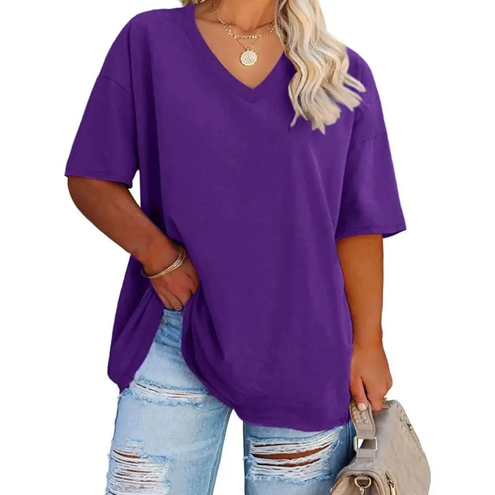 Tankaneo  Women's Plus Size V Neck T Shirts Summer Half Sleeve Tees Casual Loose Fit Cotton Tunic Tops
