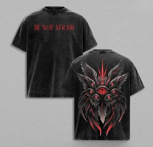 Vintage Acid Wash Seraphim Multi-Eye Wing Graphic T-Shirt, Be Not Afraid Gothic Y2K Oversized Streetwear Tee, Red Dark Grunge Casual Top