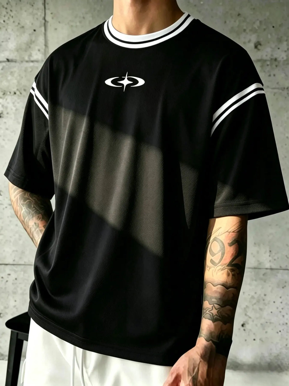Men's Symbol Line Print T-Shirt, Y2K Streetwear Style, Loose-Fit Short Sleeve Casual Tee for Everyday Wear