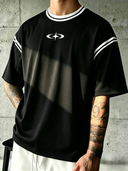 Men's Symbol Line Print T-Shirt, Y2K Streetwear Style, Loose-Fit Short Sleeve Casual Tee for Everyday Wear
