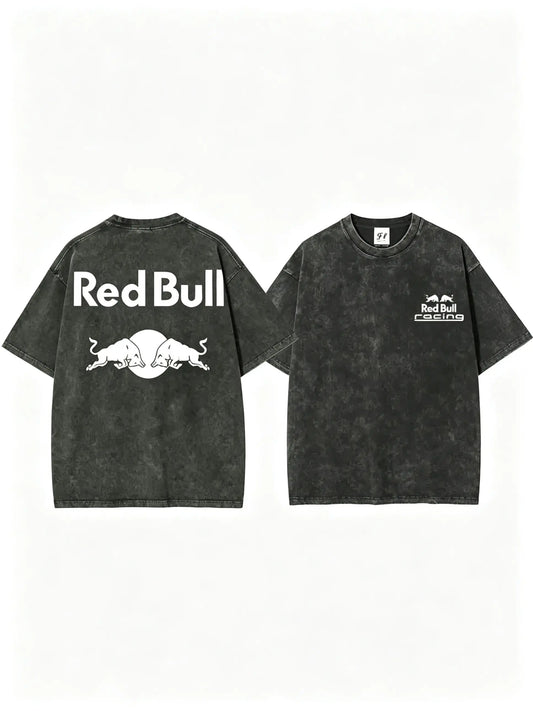 Men's Vintage Acid Wash Racing Bull Graphic T-Shirt, Double Sided Retro Motorsport Oversized Heavy Cotton Grunge Tee Unisex Relaxed Fit Stylish Streetwear