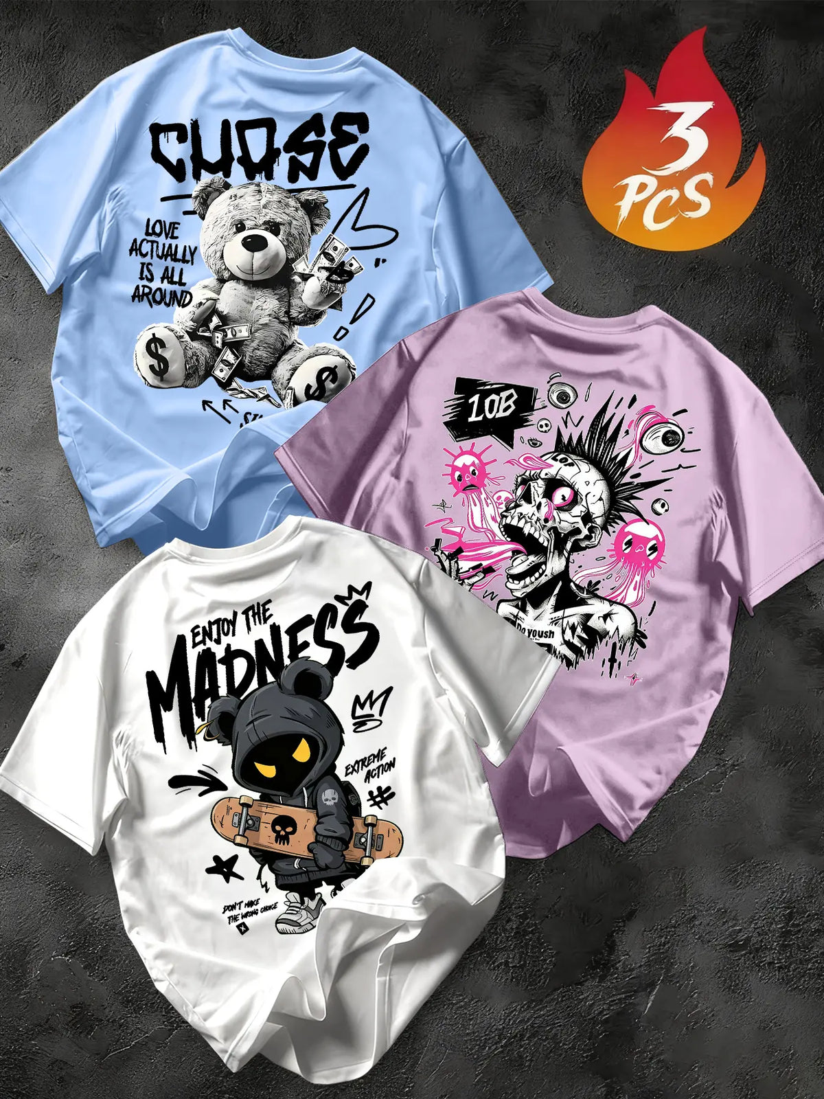 Men's 3-Pack Graffiti Round Neck Short Sleeve T-Shirts, Unique Cool Prints, Loose Fit, Casual Street Style, Daily Wear, Streetwear