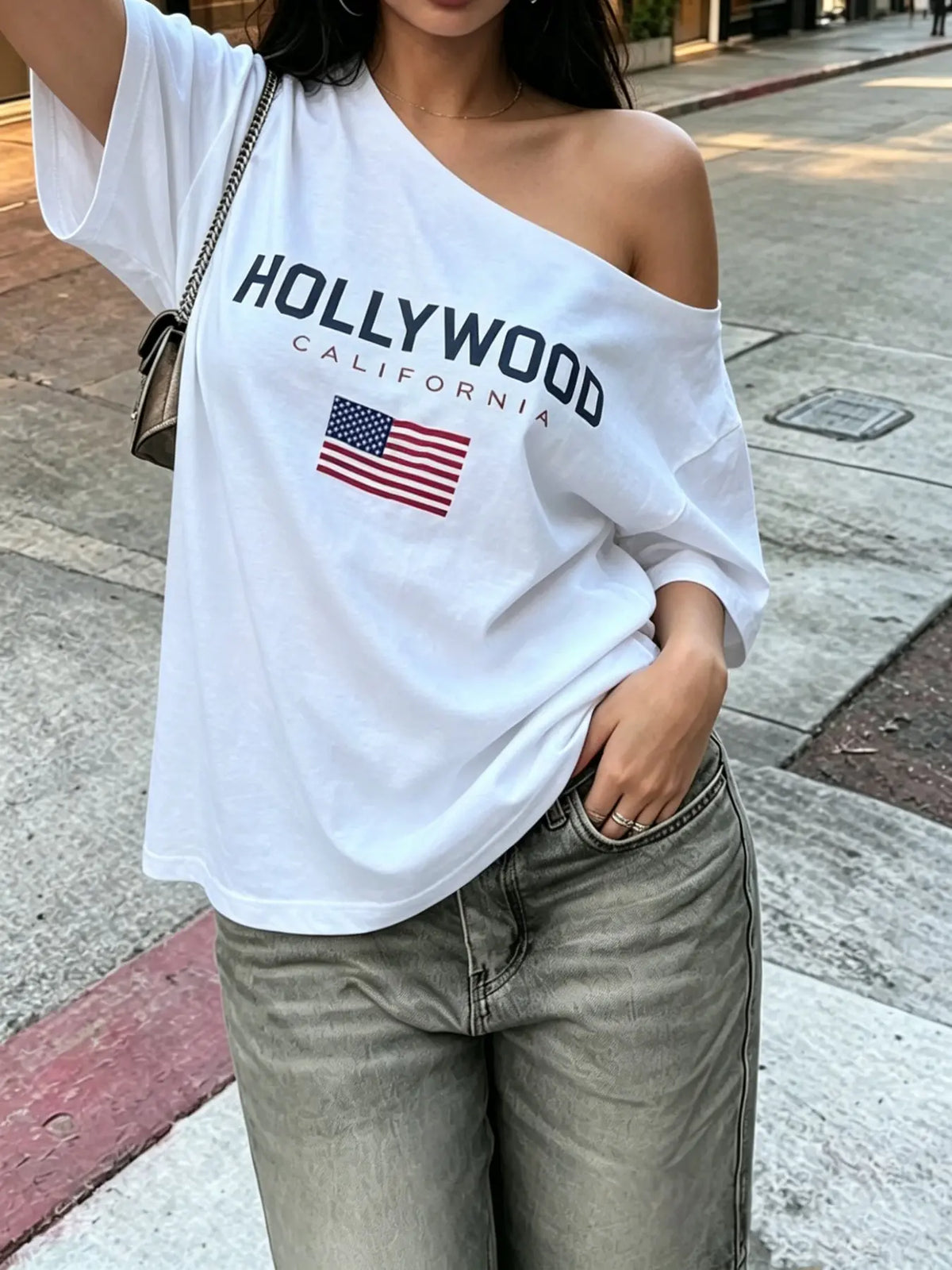 White / Pink / Blue Off-Shoulder Casual Fashion T-Shirt – Retro Y2K American Flag Print Top, perfect for summer beach and music festival outfits, full of American patriotic vibes. #Y2KVintageStyle #July4thIndependenceDay