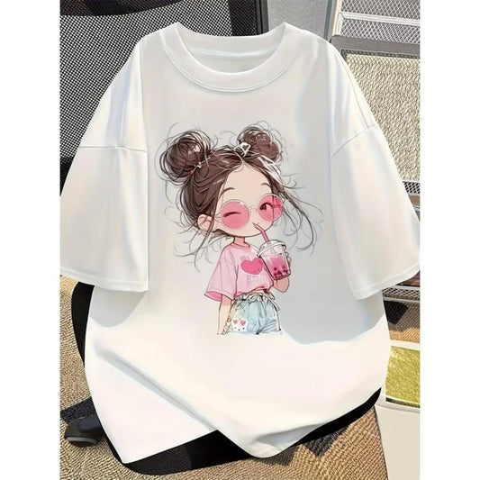 Cute Cartoon Printed Short Sleeve Round Neck T Shirt Perfect for Summer Women Loose Fit