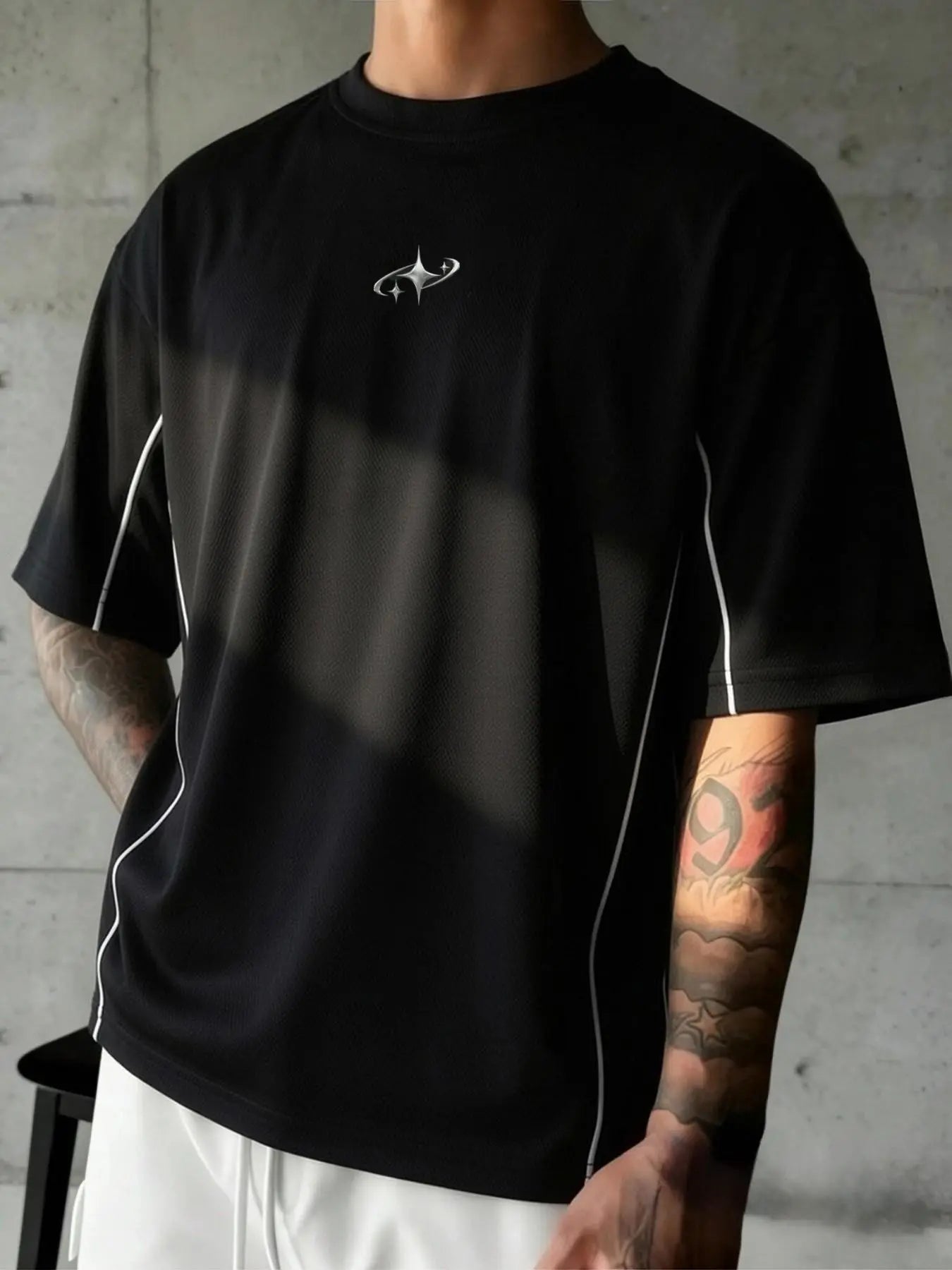 Men's Symbol Line Print T-Shirt, Y2K Streetwear Style, Loose-Fit Short Sleeve Casual Tee for Everyday Wear