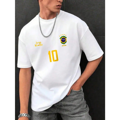 Men's Graphic T-Shirt, Retro Brazil Football Jersey - Legendary Number 10, Casual Football Fan Outfit, Football Jersey, 100% Polyester Breathable Knit Fabric, Regular Fit Round Neck Design graphic tee graphic tee