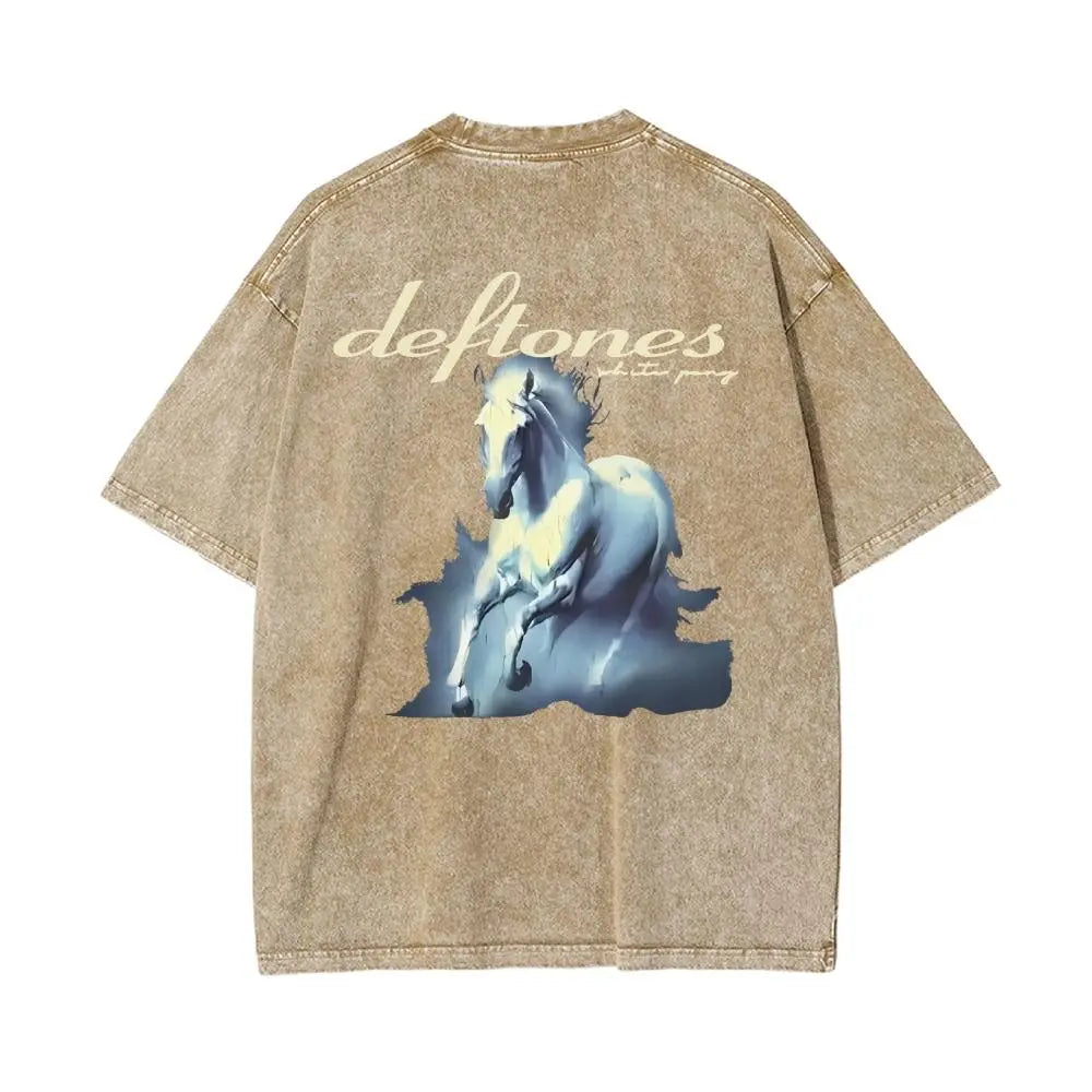 Unisex Retro Limited Vintage Washed T-Shirt, Rock with WHITE PONY Oversized Size Heavy Washed Cotton Tee, 90s Grunge Gothic Punk Y2K Rock Merch,father'sdaygifts