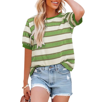 Dokotoo Women's Summer Tops 2026 Striped Color Block Short Sleeve T-Shirts Crewneck Casual Loose Basic Tee Blouses 95% Cotton 5% Elastane Breathable Lightweight Soft Durable