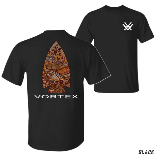 Vortex Arrowhead Wildlife T-Shirt – Navy Tee Featuring Detailed Outdoor Scene with Trout, Deer, Ducks, and Mountains Inside Arrowhead Graphic, Perfect for Hunters, Anglers, Nature Lovers, and Fans of Rustic Outdoor Apparel, Top Menswear Streetwear-DK.X