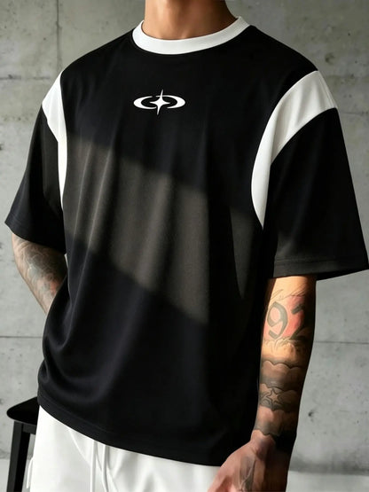 Men's Symbol Line Print T-Shirt, Y2K Streetwear Style, Loose-Fit Short Sleeve Casual Tee for Everyday Wear