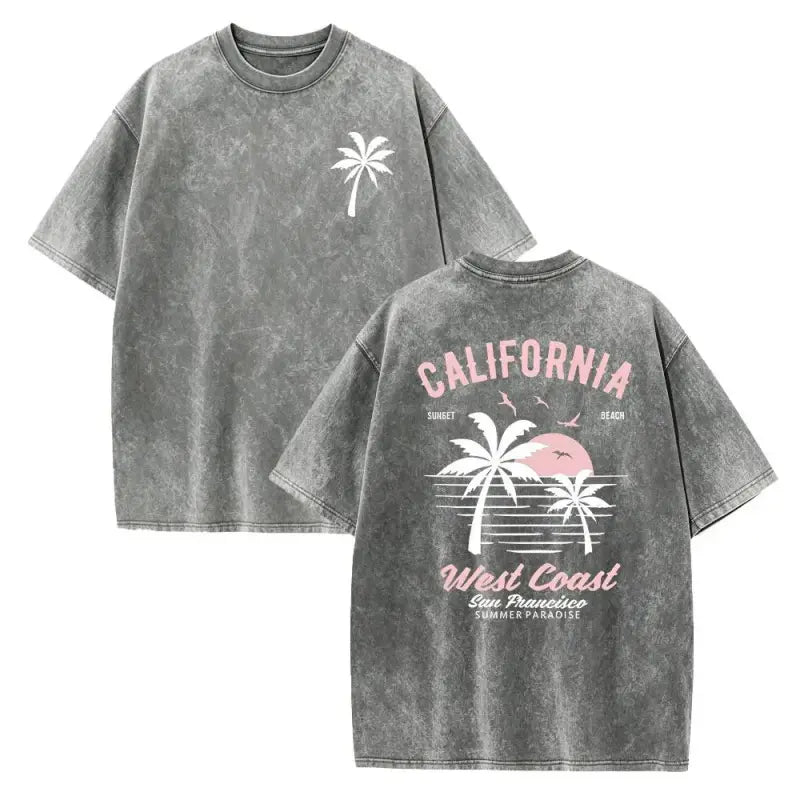 Washed Cotton California Graphic  –  Soft Vintage Surf Beach  with Palm Trees & Retro Print, Loose Fit Summer Casual Shirt for Men Women, Unisex Machine Washable