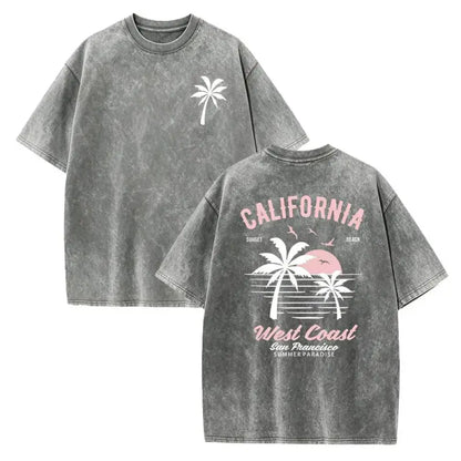 Washed Cotton California Graphic  –  Soft Vintage Surf Beach  with Palm Trees & Retro Print, Loose Fit Summer Casual Shirt for Men Women, Unisex Machine Washable