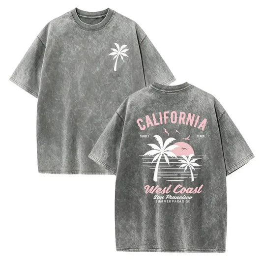 Washed Cotton California Graphic  –  Soft Vintage Surf Beach  with Palm Trees & Retro Print, Loose Fit Summer Casual Shirt for Men Women, Unisex Machine Washable