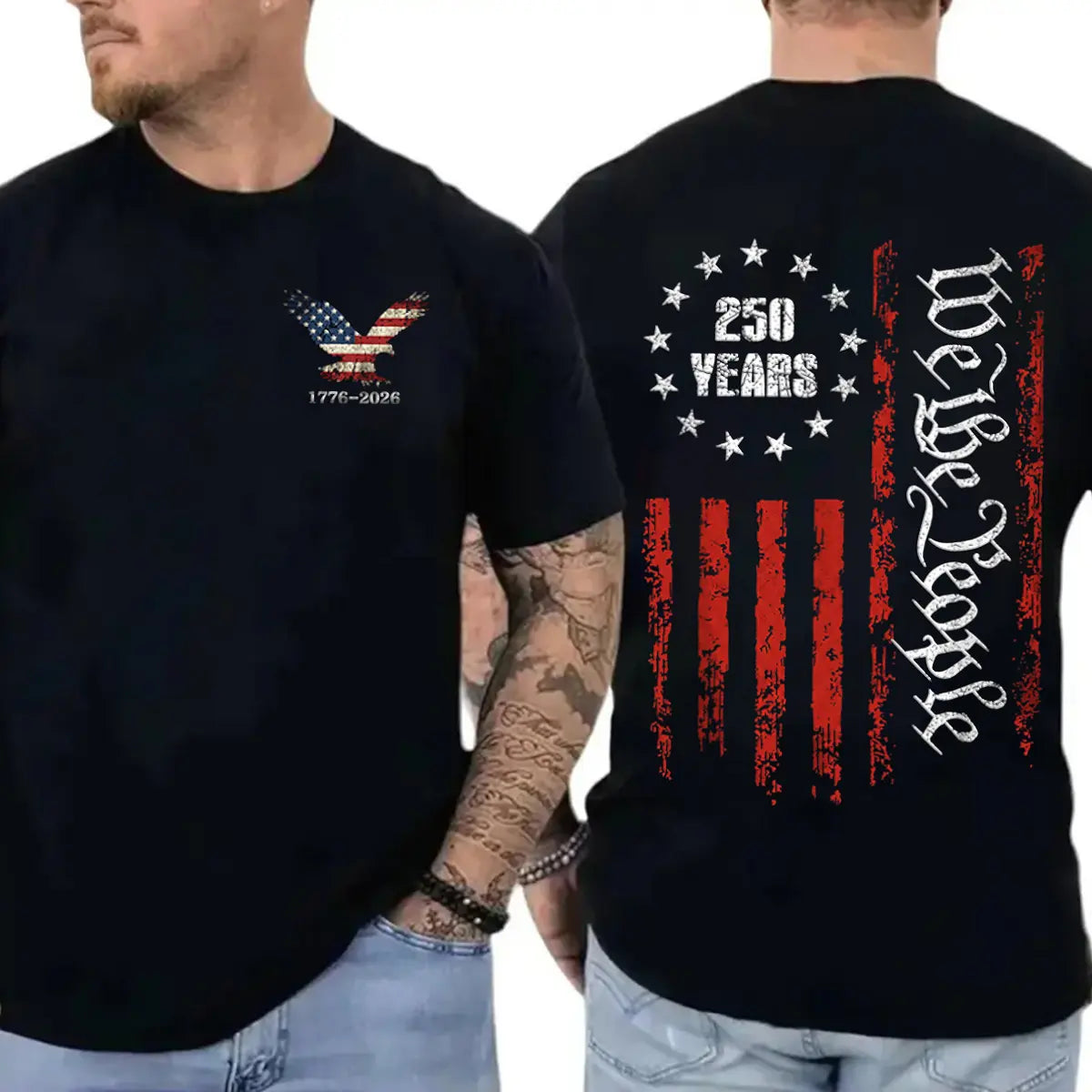 Men's 100% Cotton Classic Round Neck Short-Sleeve T-Shirt - Patriotic Eagle-American Flag Graphic, 1776-2026 250th USA Independence Anniversary Tee, Made in USA, Casual Outdoor Fabric Top for July 4th-Memorial Day
