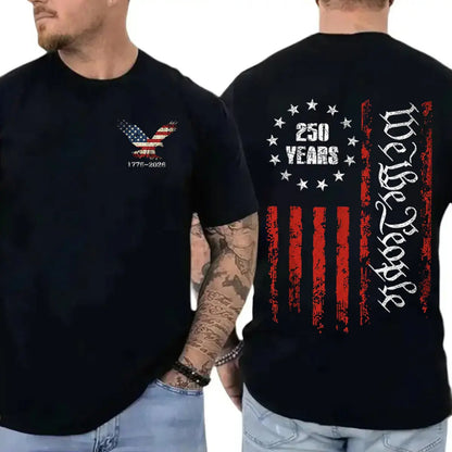 Men's 100% Cotton Classic Round Neck Short-Sleeve T-Shirt - Patriotic Eagle-American Flag Graphic, 1776-2026 250th USA Independence Anniversary Tee, Made in USA, Casual Outdoor Fabric Top for July 4th-Memorial Day