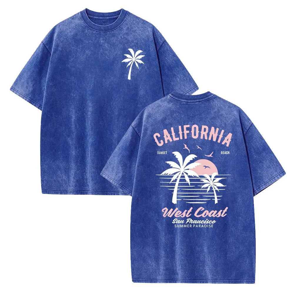 Washed Cotton California Graphic  –  Soft Vintage Surf Beach  with Palm Trees & Retro Print, Loose Fit Summer Casual Shirt for Men Women, Unisex Machine Washable
