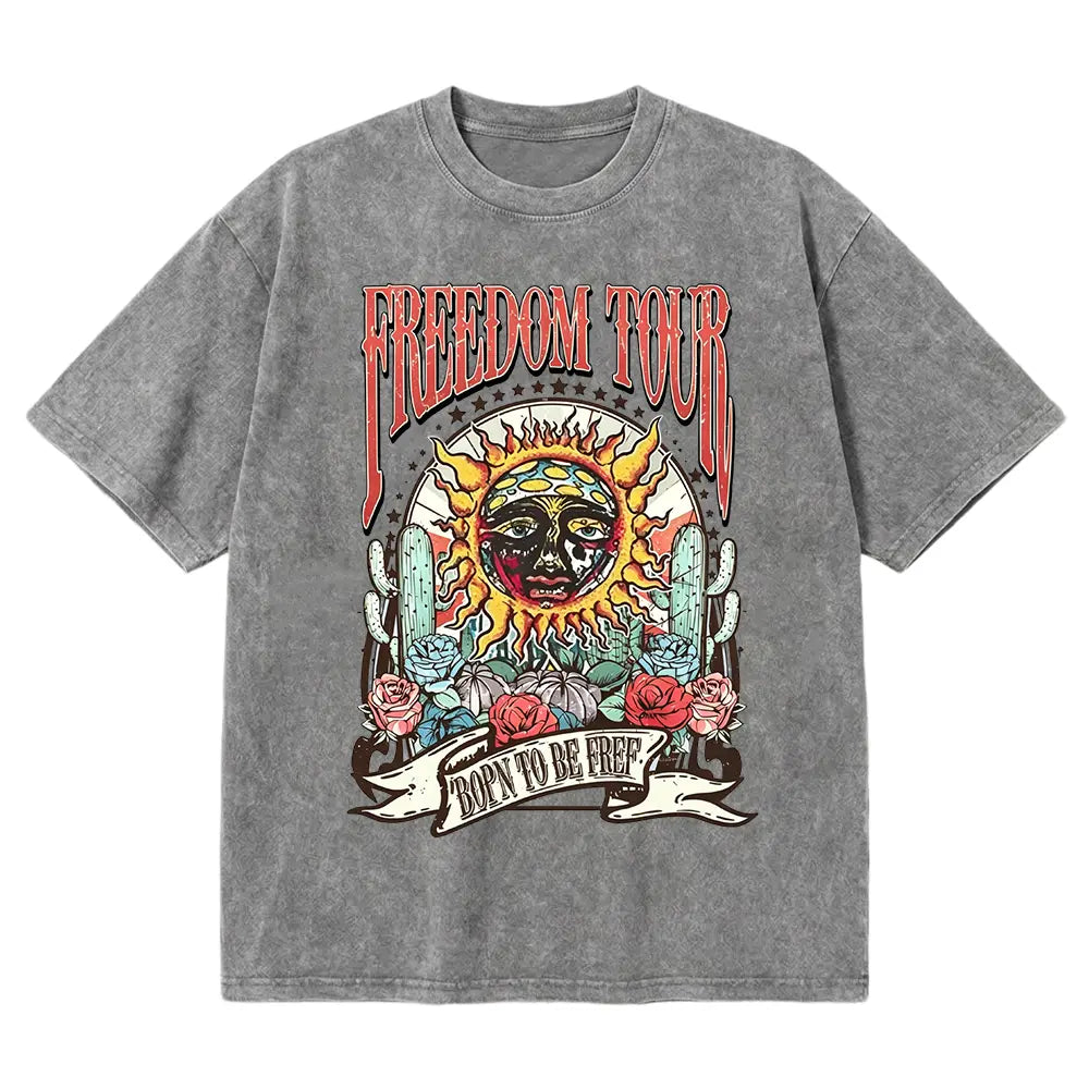Retro Sublime style sun pattern T-shirt, heavyweight pure cotton Freedom tour band T-shirt, retro mineral washed summer music festival casual loose T-shirt