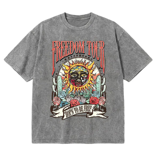Retro Sublime style sun pattern T-shirt, heavyweight pure cotton Freedom tour band T-shirt, retro mineral washed summer music festival casual loose T-shirt