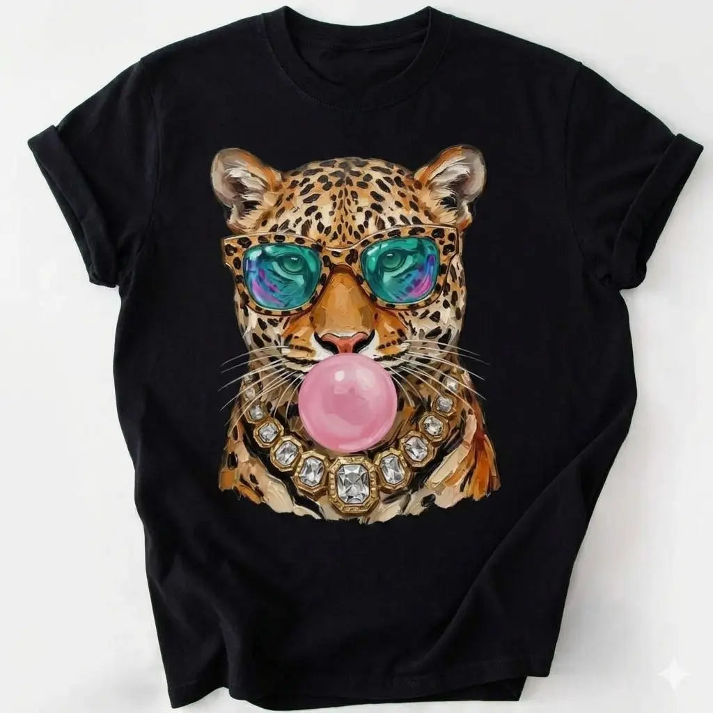 Trendy Leopard Shirt, Bubblegum Sunglasses Big Cat Graphic Unique Tshirt, Retro Animal Graphic
