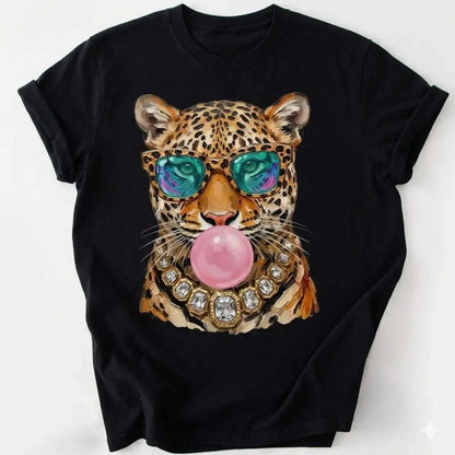 Trendy Leopard Shirt, Bubblegum Sunglasses Big Cat Graphic Unique Tshirt, Retro Animal Graphic