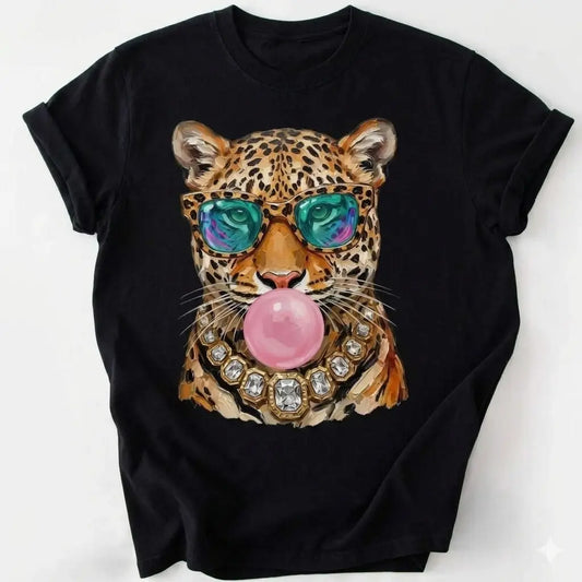 Trendy Leopard Shirt, Bubblegum Sunglasses Big Cat Graphic Unique Tshirt, Retro Animal Graphic