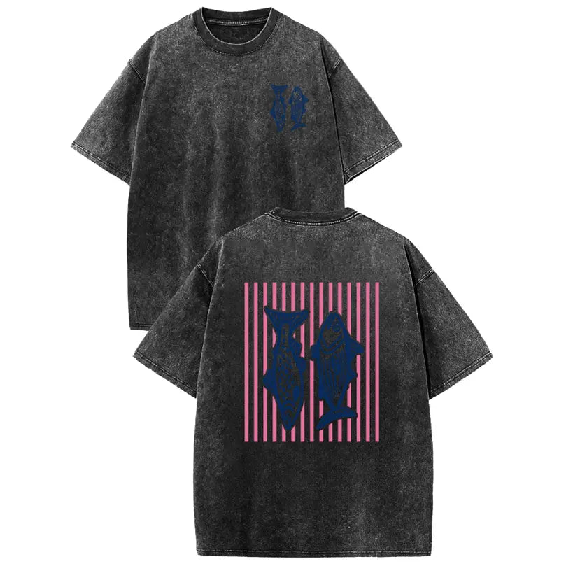 Holafish 2026 100% Cotton Crewneck Acid Wash T‑Shirt, Retro Pink Striped Dual‑Side Fish Graphic Printed Unisex Fashion Tees summervibes Casual Top