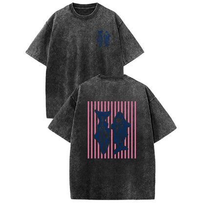 Holafish 2026 100% Cotton Crewneck Acid Wash T‑Shirt, Retro Pink Striped Dual‑Side Fish Graphic Printed Unisex Fashion Tees summervibes Casual Top