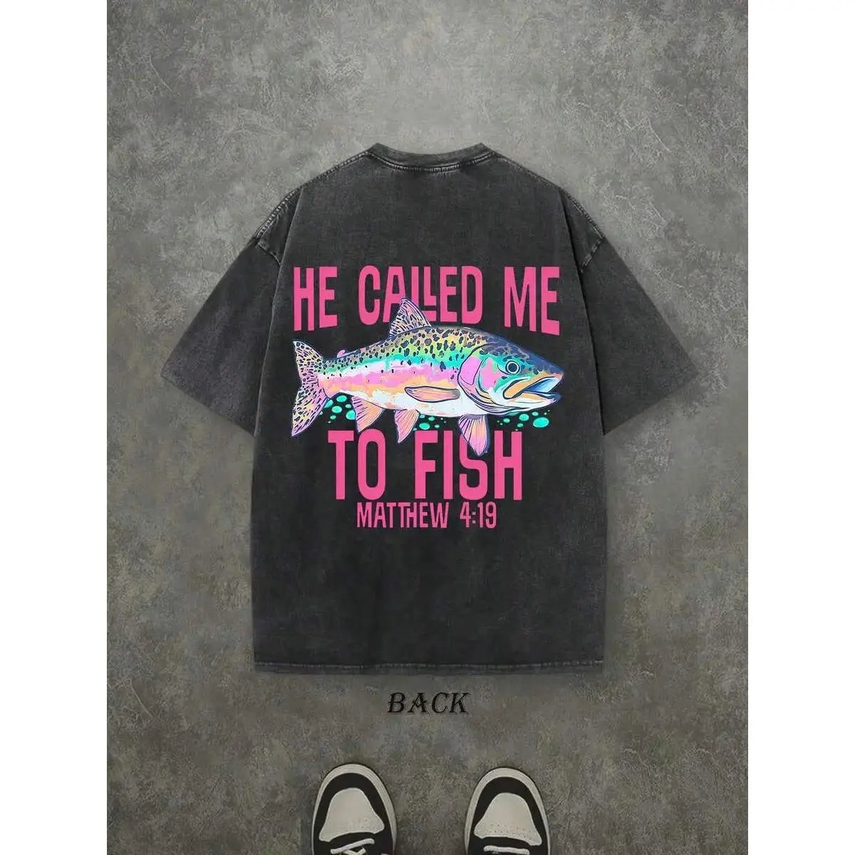 [100% Cotton] Lightweight Printed Retro Washed T-Shirt Double Sided Printed (230 Pure Cotton T-Shirt) 'HE CALLED ME TO FISH' Letter And FISH Pattern Print, Mens TShirt, Mens Shirt Casual, Comfortable, Fashionable T-Shirt, Street Style Cotton