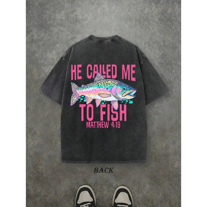 [100% Cotton] Lightweight Printed Retro Washed T-Shirt Double Sided Printed (230 Pure Cotton T-Shirt) 'HE CALLED ME TO FISH' Letter And FISH Pattern Print, Mens TShirt, Mens Shirt Casual, Comfortable, Fashionable T-Shirt, Street Style Cotton