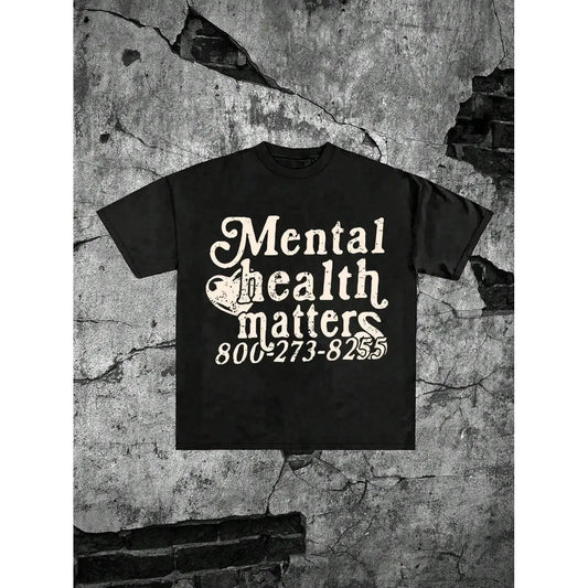 Unisex 'Mental Health Matters' Graphic T-Shirt, Vintage Distressed Mental Health Awareness Print with Support Hotline Design, 100% Cotton Oversized Crew Neck Tee, Short Sleeve Retro Streetwear Top for Mental Health Advocates & Self Care Enthusiasts