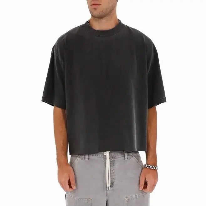 Cropped Oversized Heavyweight Tee Menswear 100% Cotton 7 Oz Classic Fit Made In USA Raw Cropped Bottom