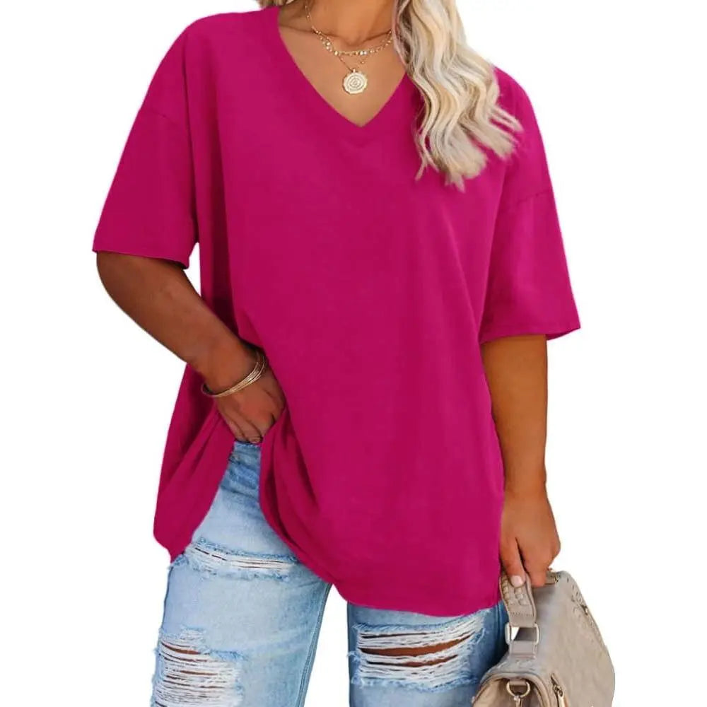 Tankaneo  Women's Plus Size V Neck T Shirts Summer Half Sleeve Tees Casual Loose Fit Cotton Tunic Tops