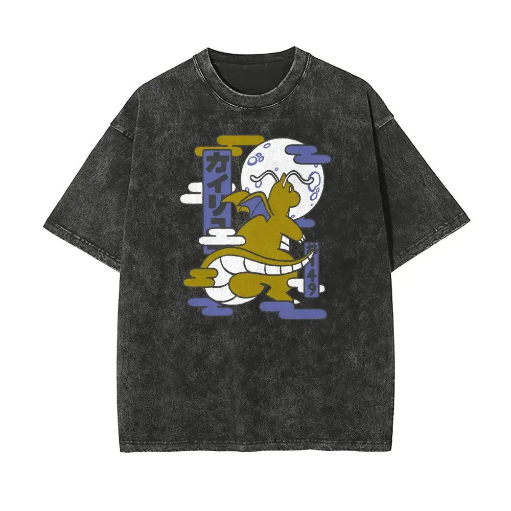 Men's Soft Stretch Casual T-Shirt, Retro Oversized Loose Fit Ukiyo-e Dragonite Pocket Monsters Graphic Washed Vintage Distressed Unisex Anime Streetwear Top