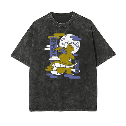 Men's Soft Stretch Casual T-Shirt, Retro Oversized Loose Fit Ukiyo-e Dragonite Pocket Monsters Graphic Washed Vintage Distressed Unisex Anime Streetwear Top