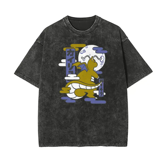 Men's Soft Stretch Casual T-Shirt, Retro Oversized Loose Fit Ukiyo-e Dragonite Pocket Monsters Graphic Washed Vintage Distressed Unisex Anime Streetwear Top