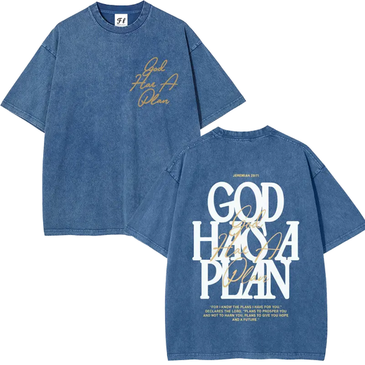 Men's Retro 260g 100% Natural Cotton Fluffy Aesthetic Casual Oversized Short-Sleeve T-Shirt - Vintage Washed, Breathable Menswear Outdoor Top with Christian "God Has A Plan" Bible Verse DTG Print,summerwins,father'sdaygifts