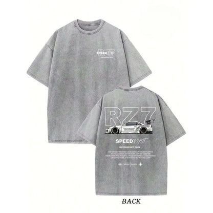 Summer TopsRetro Vintage Creative Pattern "" Washed T-Shirt Double-Sided Printed T-Shirt Heavy 220g Pure Cotton Falling Shoulder T-Shirt Retro Street