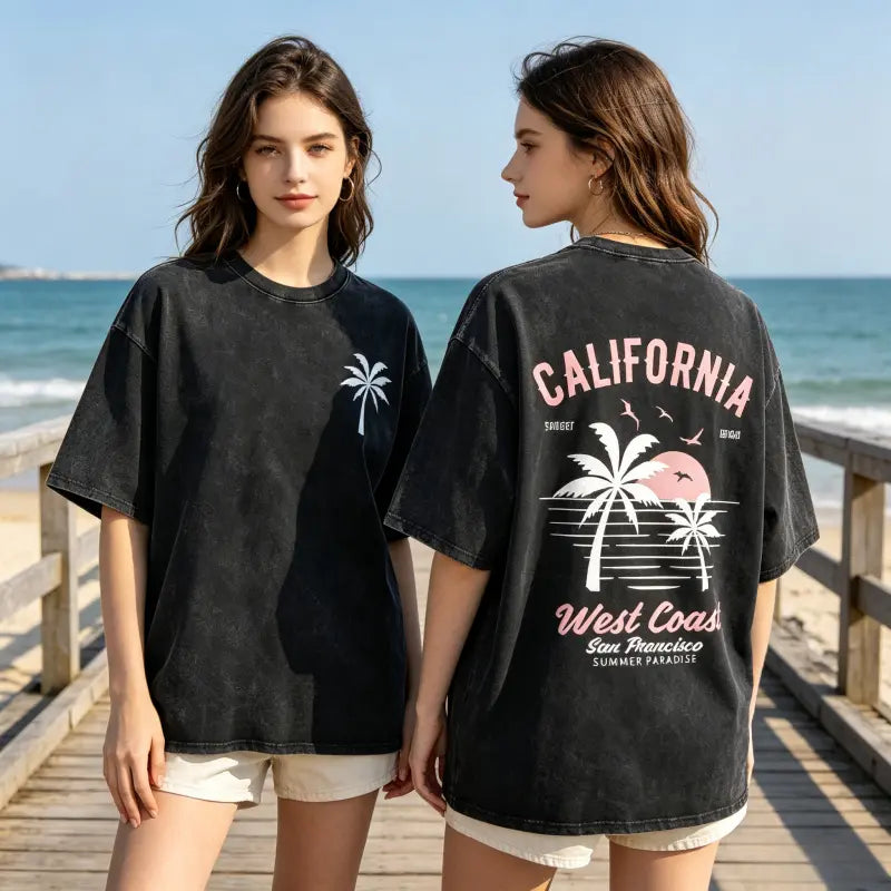 Washed Cotton California Graphic  –  Soft Vintage Surf Beach  with Palm Trees & Retro Print, Loose Fit Summer Casual Shirt for Men Women, Unisex Machine Washable