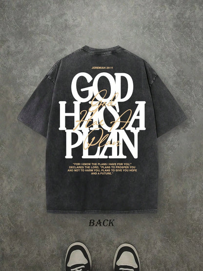 Vintage Washed "God Has a Plan" Double-Sided Print Tee | 230gsm Heavyweight Christian Streetwear, Unisex Wide-Shoulder Fit, High-Quality Cotton Casual Top for Men & Women