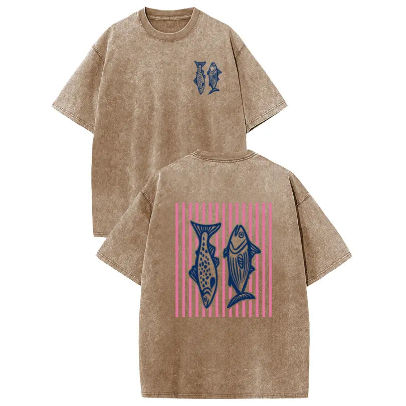 Holafish 2026 100% Cotton Crewneck Acid Wash T‑Shirt, Retro Pink Striped Dual‑Side Fish Graphic Printed Unisex Fashion Tees summervibes Casual Top