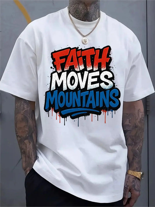 [Oversized Inspirational T-Shirt] White Oversized Casual Men's Short-sleeve T-shirt- "Faith Moves Mountains" Design, Red and Blue Contrasting Ink Splatter Effect, Stylish and Comfortable, Suitable for Daily Wear