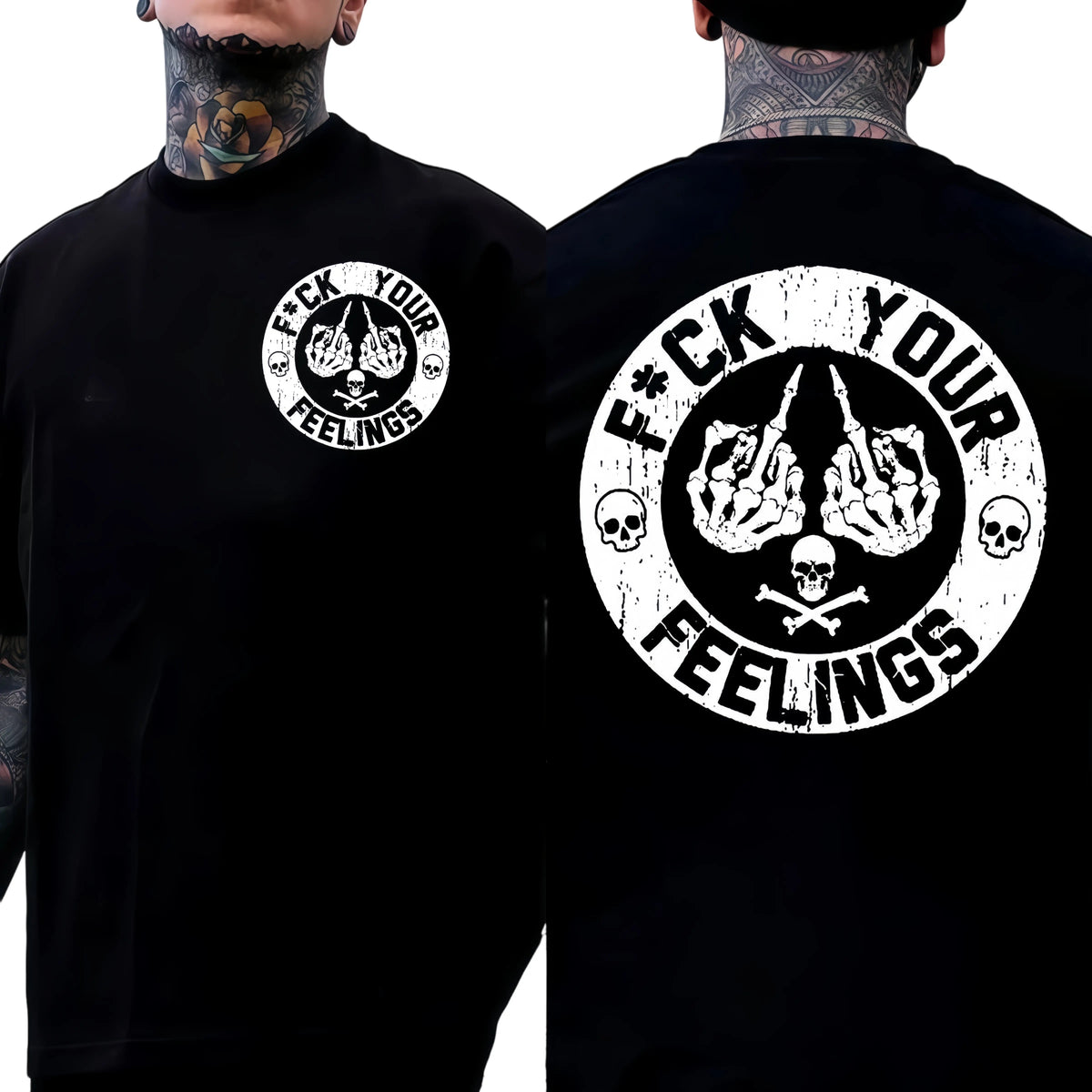Men's "F*ck Your Feelings" Skull Graphic T-Shirt, Short-Sleeve Round Neck Loose Menswear, Bold Statement Limited Edition Fashion Streetwear Casual Angel Tee tiktokshopspringglowup,summervibes