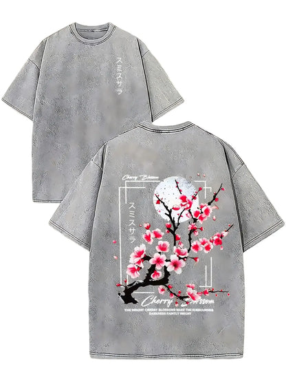 Men's 100% Washed Cotton Fabric Round Neck Short-Sleeve T-Shirt - Vintage Acid-Washed Print Top with Cherry Blossom & Japanese Lettering, Loose Knit Distressed Casual Summer Unisex Wear, Teen Boy Gift Menswear