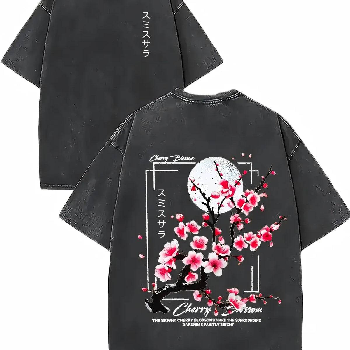 Men's 100% Washed Cotton Fabric Round Neck Short-Sleeve T-Shirt - Vintage Acid-Washed Print Top with Cherry Blossom & Japanese Lettering, Loose Knit Distressed Casual Summer Unisex Wear, Teen Boy Gift Menswear