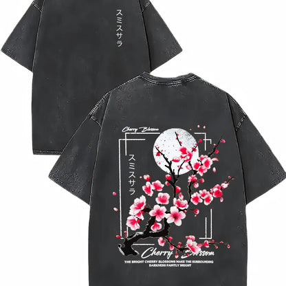 Men's 100% Washed Cotton Fabric Round Neck Short-Sleeve T-Shirt - Vintage Acid-Washed Print Top with Cherry Blossom & Japanese Lettering, Loose Knit Distressed Casual Summer Unisex Wear, Teen Boy Gift Menswear