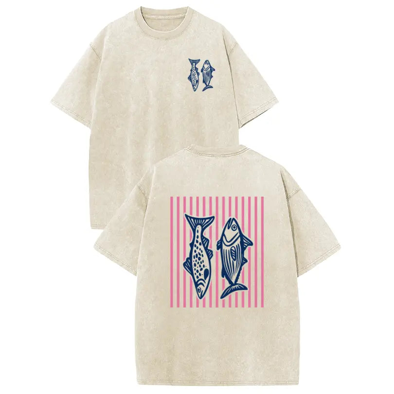 Holafish 2026 100% Cotton Crewneck Acid Wash T‑Shirt, Retro Pink Striped Dual‑Side Fish Graphic Printed Unisex Fashion Tees summervibes Casual Top