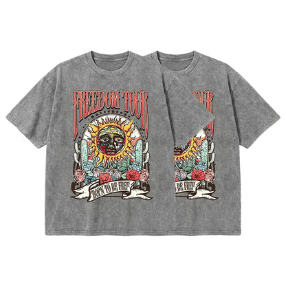 Retro Sublime style sun pattern T-shirt, heavyweight pure cotton Freedom tour band T-shirt, retro mineral washed summer music festival casual loose T-shirt