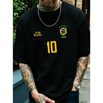 Men's Graphic T-Shirt, Retro Brazil Football Jersey - Legendary Number 10, Casual Football Fan Outfit, Football Jersey, 100% Polyester Breathable Knit Fabric, Regular Fit Round Neck Design graphic tee graphic tee
